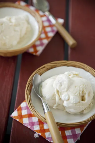 Bowl of banana pudding ice cream with Chessmen cookies and sliced bananas