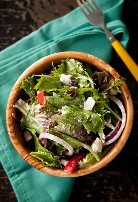 Paula Deen Lady and Sons Salad with Gorgonzola dressing served over wild greens