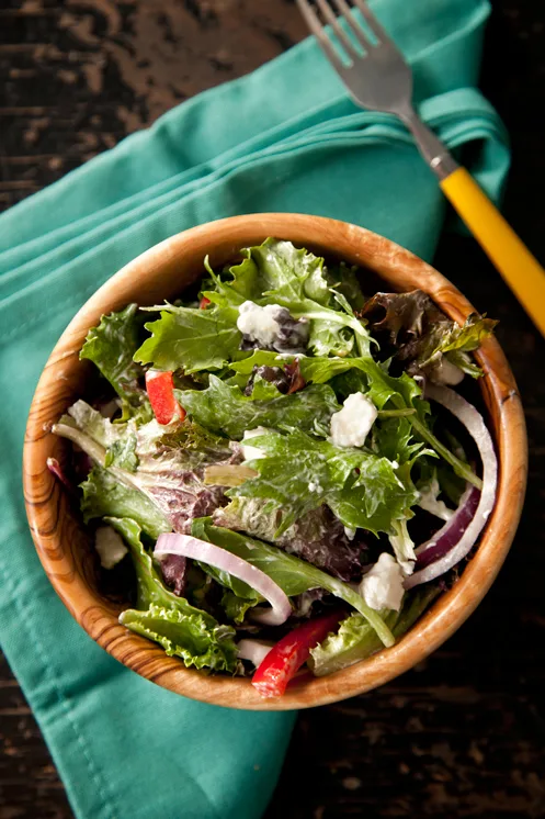 Paula Deen Lady and Sons Salad with Gorgonzola dressing served over wild greens