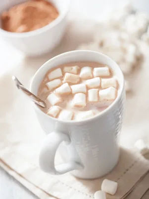Paula Deen hot chocolate in a white mug topped with mini marshmallows, with a bowl of cocoa powder behind it