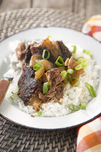 Paula Deen Michael's coffee braised short ribs served over white rice and topped with sliced green onions on a white enamel plate