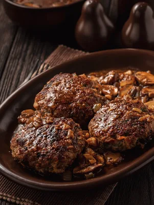 Paula Deen Salisbury steak patties covered in mushroom gravy served in a brown oval dish