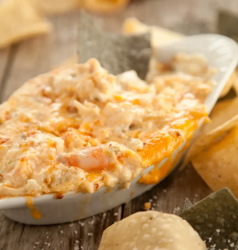 Paula Deen Shore Is Good seafood dip, a creamy baked crab and shrimp dip in a white dish surrounded by tortilla chips