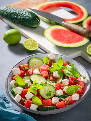 Paula Deen watermelon & cucumber salad with cubed watermelon, cucumber slices, feta and fresh mint in a gray bowl