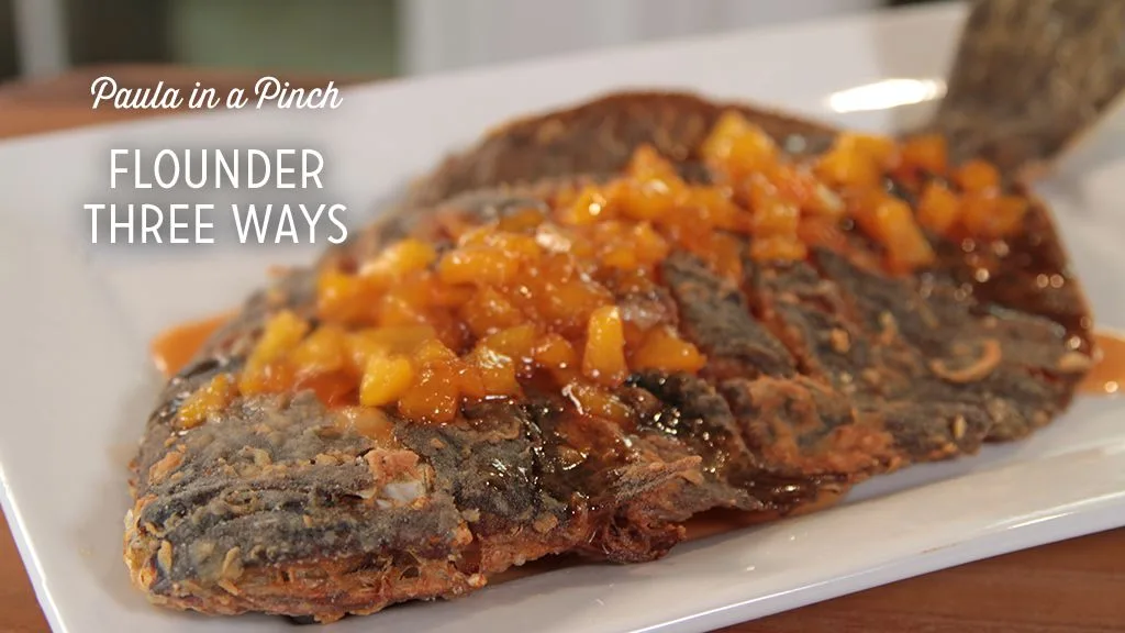 Paula Deen Whole Scored Fried Flounder With Sweet Peach and Hot Pepper Jelly Sauce